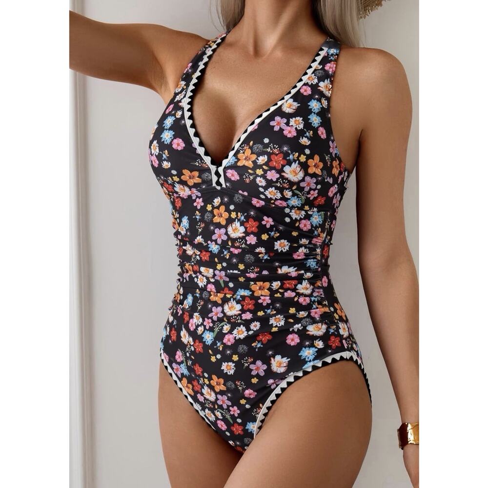 B2prity One Piece Swimsuit Tummy Control Ruched Black Floral Women’s M